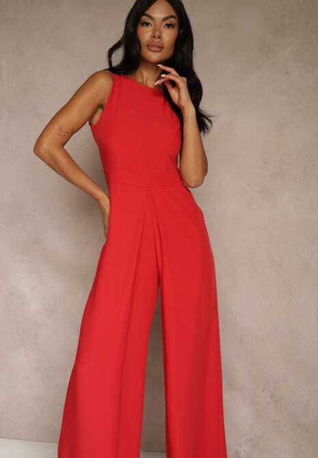 Czerwony Taliowany Kombinezon Ozdobiony Zakładkami Berinola 4