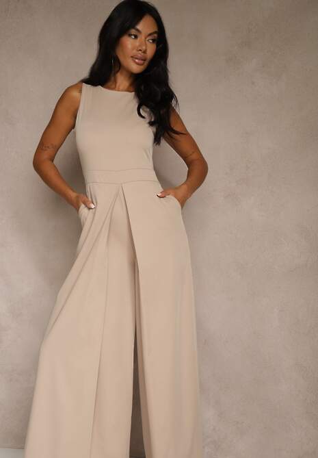 Beżowy Taliowany Kombinezon Ozdobiony Zakładkami Berinola 4