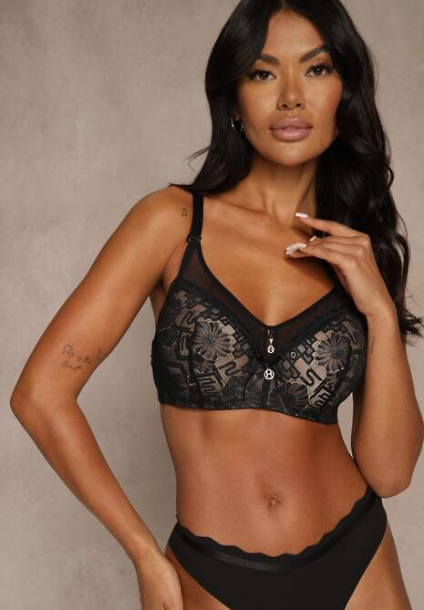 Czarno-Beżowy Koronkowy Biustonosz Ozdobiony Przezroczystą Wstawką Acalinai