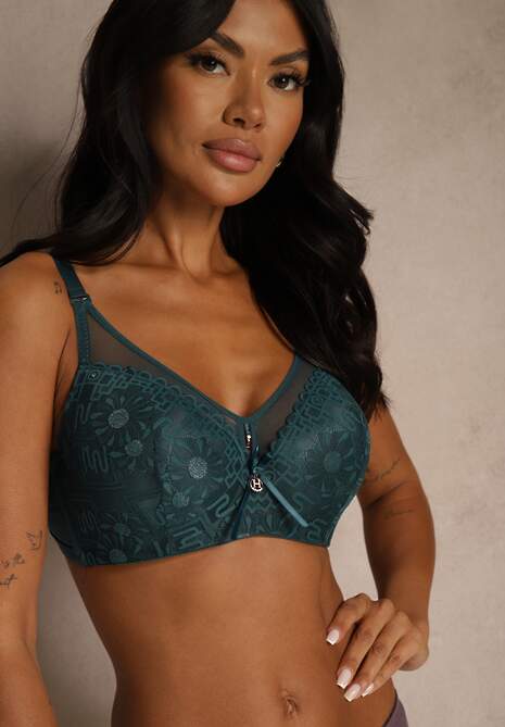 Ciemnozielony Koronkowy Biustonosz Ozdobiony Przezroczystą Wstawką Acalinai