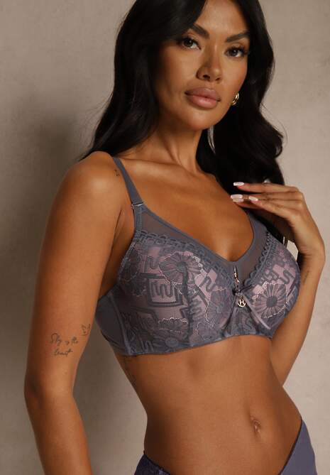 Szaro-Różowy Koronkowy Biustonosz Ozdobiony Przezroczystą Wstawką Acalinai