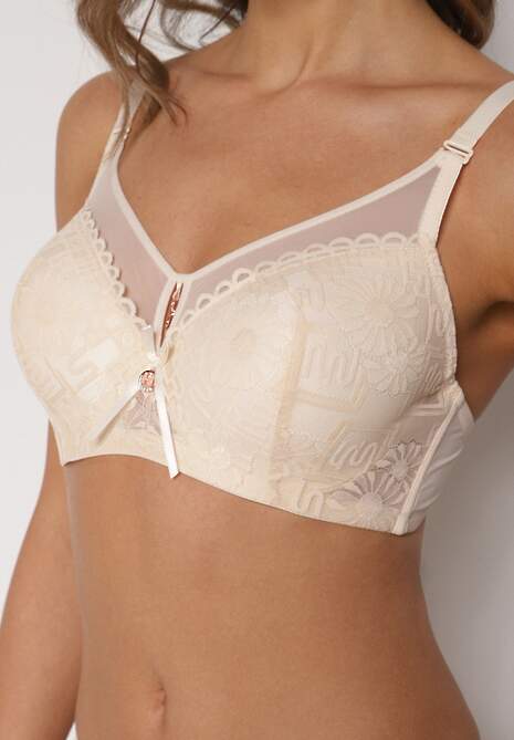 Beżowy Koronkowy Biustonosz Ozdobiony Przezroczystą Wstawką Acalinai 5