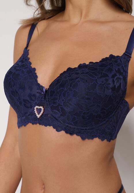 Granatowy Koronkowy Biustonosz Ozdobiony Cyrkoniowym Sercem Bothilei