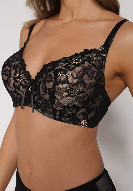 Czarno-Beżowy Biustonosz Ozdobiony Koronką i Kokardką Aqiany