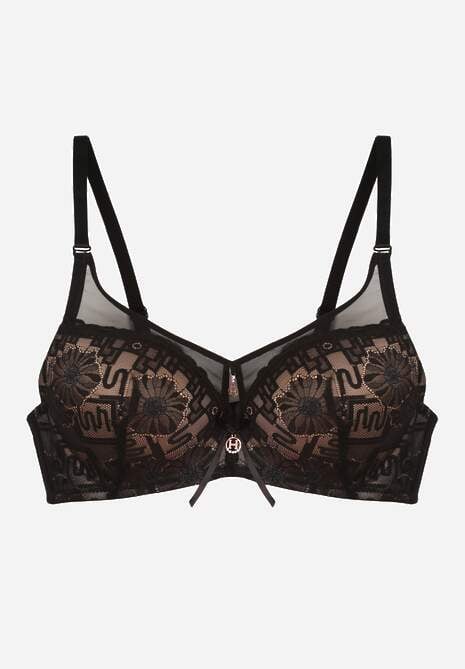 Czarno-Beżowy Biustonosz Ozdobiony Transparentnymi Wstawkami i Koronką Brannor
