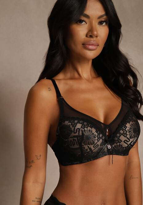 Czarno-Beżowy Biustonosz Ozdobiony Transparentnymi Wstawkami i Koronką Brannor