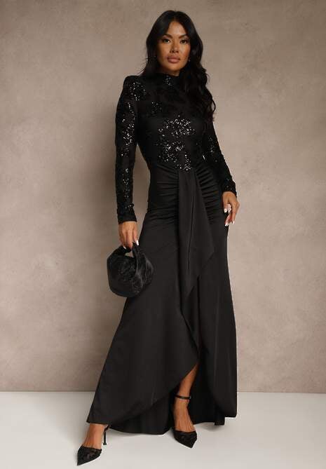 Czarna Koktajlowa Sukienka z Półgolfem Zdobiona Cekinami i Trenem Nautitune 4