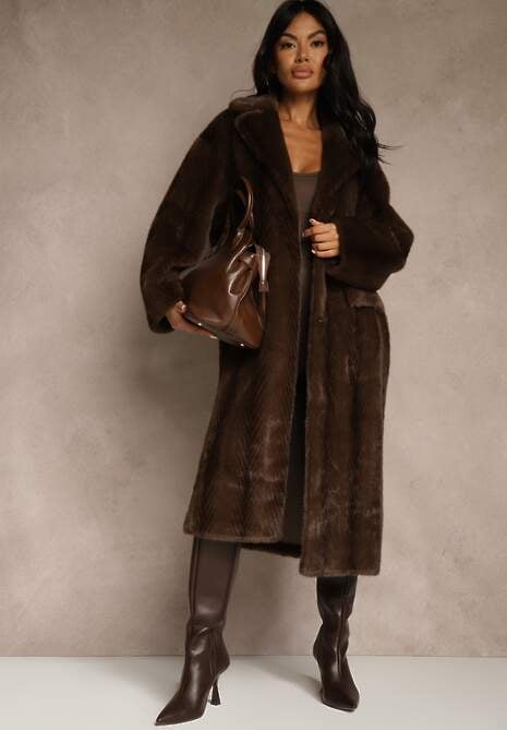 Brązowy Futrzany Płaszcz Oversize z Kieszeniami z Klapami Zellnessa