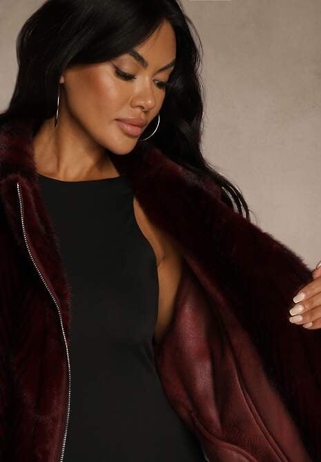 Bordowa Kurtka Futerko z Paskiem z Imitacji Skóry Zdobiona Klamerkami Jynlisa 5