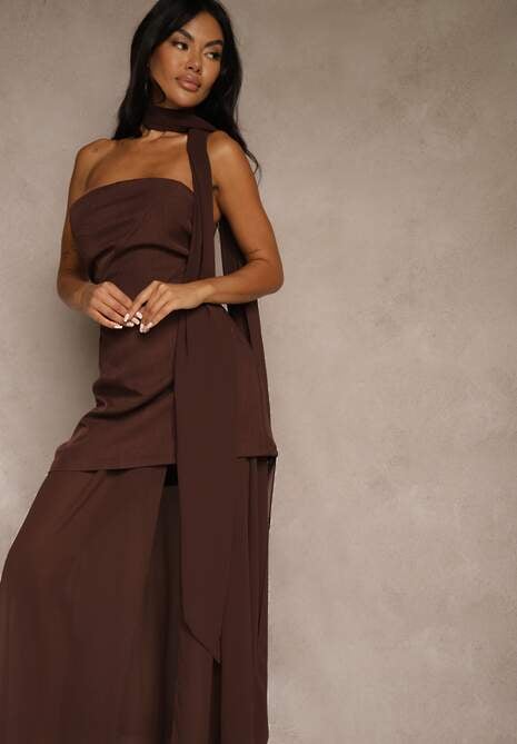 Brązowa Wieczorowa Sukienka Bandeau z Dodatkowym Szalem Meridvia 4