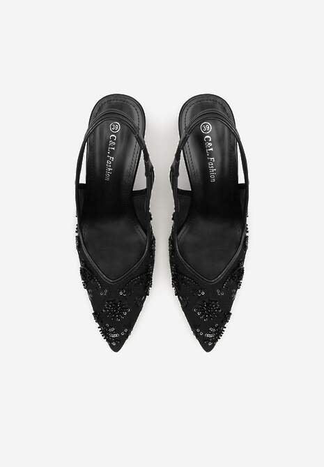 Czarne Sandały na Szpilce Typu Slingback z Cekinami Resseris 6