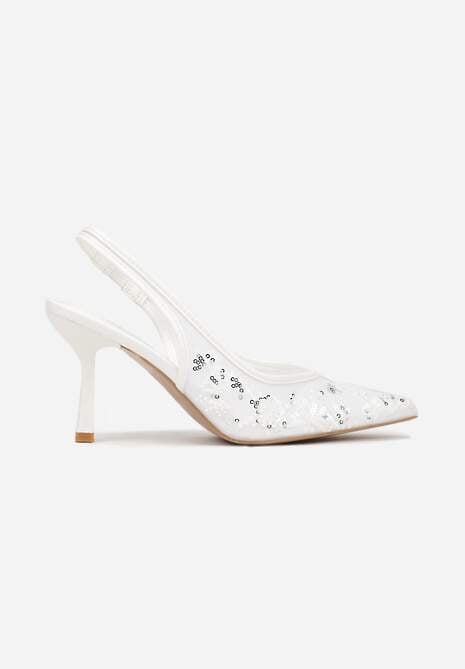 Białe Sandały na Szpilce Typu Slingback z Cekinami Resseris 4