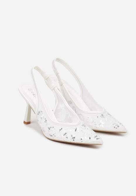 Białe Sandały na Szpilce Typu Slingback z Cekinami Resseris 5