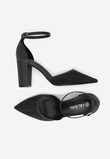 Czarne Czółenka na Słupku z Cyrkoniami i Brokatem Myriani 6