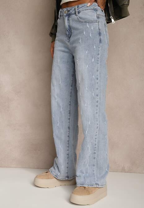 Niebieskie Jeansy z Bawełny o Szerokim Kroju High Waist Ozdobione Przetarciami Feless 4