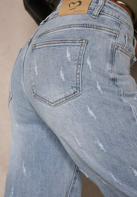 Niebieskie Jeansy z Bawełny o Szerokim Kroju High Waist Ozdobione Przetarciami Feless 5