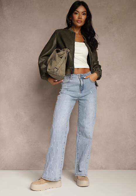 Niebieskie Jeansy z Bawełny o Szerokim Kroju High Waist Ozdobione Przetarciami Feless