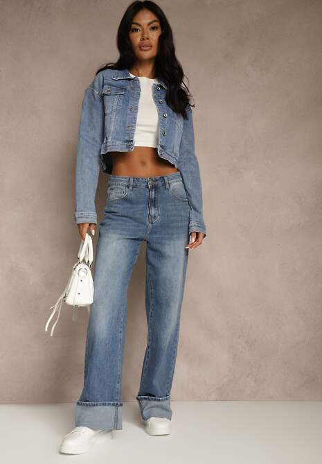 Niebieskie Jeansy High Waist Wide Leg z Podwiniętymi Nogawkami Nymthine