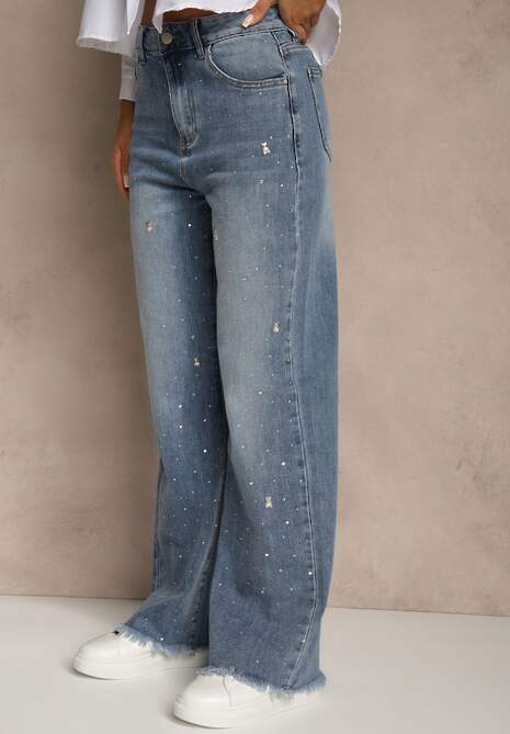 Niebieskie Szerokie Jeansy High Waist z Cyrkoniowymi Aplikacjami Sireilure 4