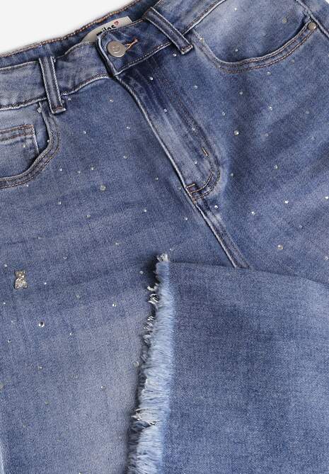 Niebieskie Szerokie Jeansy High Waist z Cyrkoniowymi Aplikacjami Sireilure 6