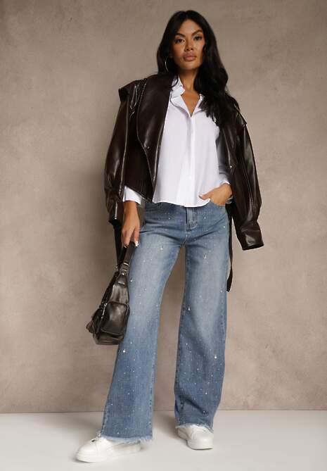 Niebieskie Szerokie Jeansy High Waist z Cyrkoniowymi Aplikacjami Sireilure