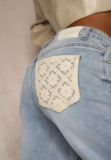Niebieskie Szerokie Jeansy High Waist Zdobione Haftem na Kieszeni Thaola 5