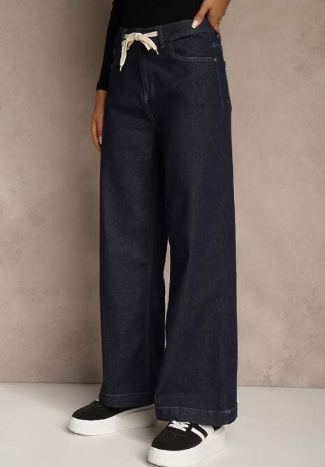 Niebieskie Jeansy z Bawełny High Waist z Ozdobną Sznurówką w Pasie Ohirvyra 4