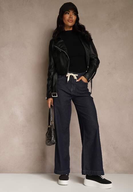 Niebieskie Jeansy z Bawełny High Waist z Ozdobną Sznurówką w Pasie Ohirvyra