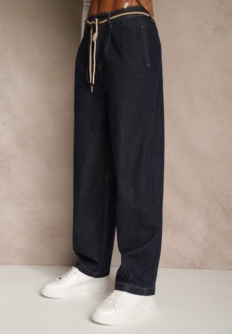 Niebieskie Szerokie Jeansy z Bawełny High Waist Ozdobione Sznurkiem Landa 4