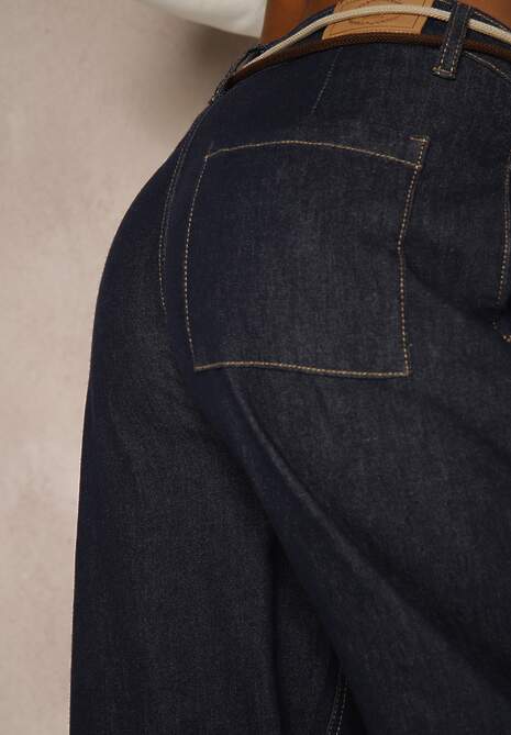 Niebieskie Szerokie Jeansy z Bawełny High Waist Ozdobione Sznurkiem Landa 5