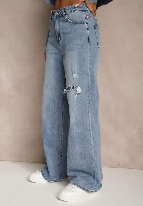 Niebieskie Jeansy z Bawełny High Waist z Przetarciami i Dziurą Lisis 4