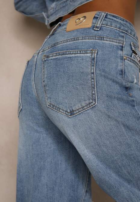 Niebieskie Jeansy z Bawełny High Waist z Przetarciami i Dziurą Lisis 5