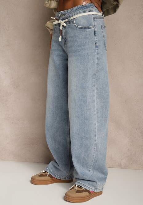 Niebieskie Jeansy Balloon Regular Waist z Ozdobnym Wiązaniem Daemora 4