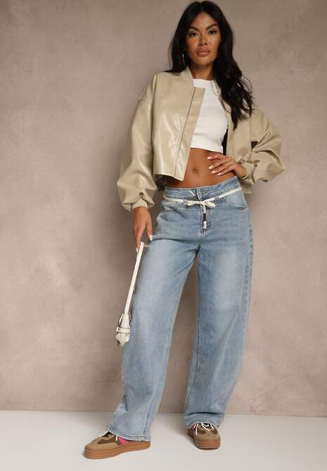 Niebieskie Jeansy Balloon Regular Waist z Ozdobnym Wiązaniem Daemora