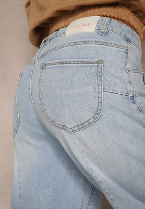 Niebieskie Jeansy High Waist o Szerokim Kroju z Przeszyciami i Imitacją Kieszeni Saliana 5