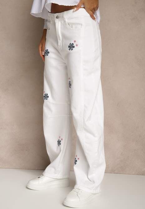 Białe Jeansy Balloon High Waist z Kwiatowym Haftem Irolyn 4