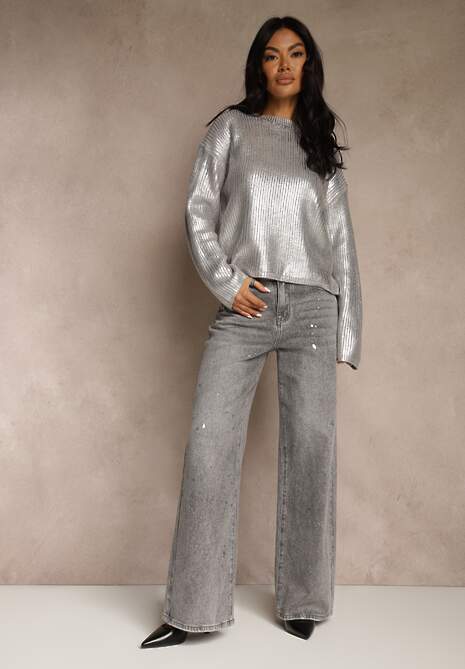 Szare Jeansy High Waist Wide Leg ze Świecącymi Drobinkami Luiza