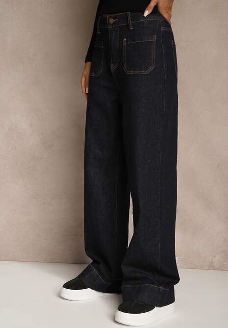 Granatowe Szerokie Jeansy z Bawełną High Waist Ozdobione Kieszeniami Lalla 4