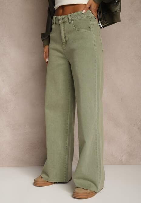 Ciemnozielone Jeansy o Szerokim Kroju z Bawełny High Waist Marquilla 4