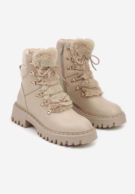 Ciemnobeżowe Trapery w Casualowym Stylu z Futerkowym Zdobieniem na Języku Taniapea 5