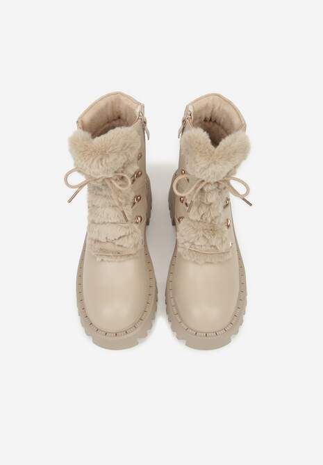 Ciemnobeżowe Trapery w Casualowym Stylu z Futerkowym Zdobieniem na Języku Taniapea 6