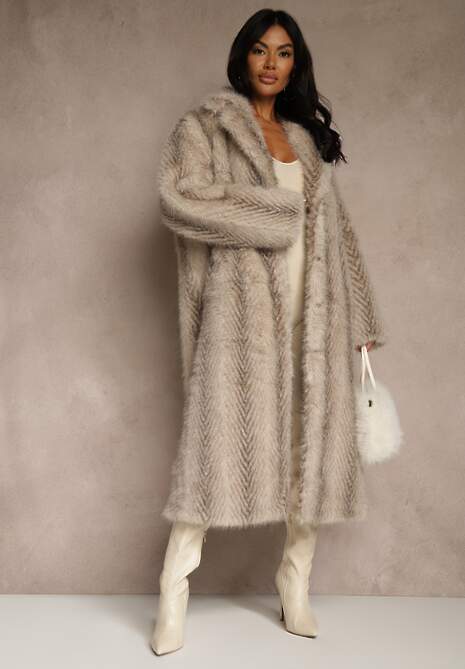 Jasnobeżowy Płaszcz Futerko o Jednorzędowym Fasonie Cataris