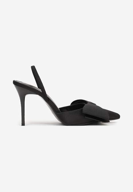 Czarne Sandały Satynowe na Szpilce Slingback Ozdobione Kokardą Daemoris 4