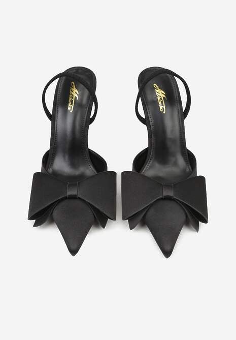 Czarne Sandały Satynowe na Szpilce Slingback Ozdobione Kokardą Daemoris 6