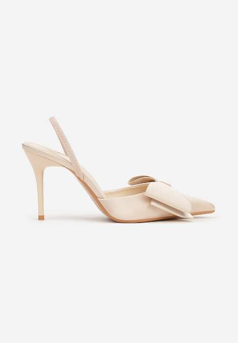 Beżowe Sandały Satynowe na Szpilce Slingback Ozdobione Kokardą Daemoris 4