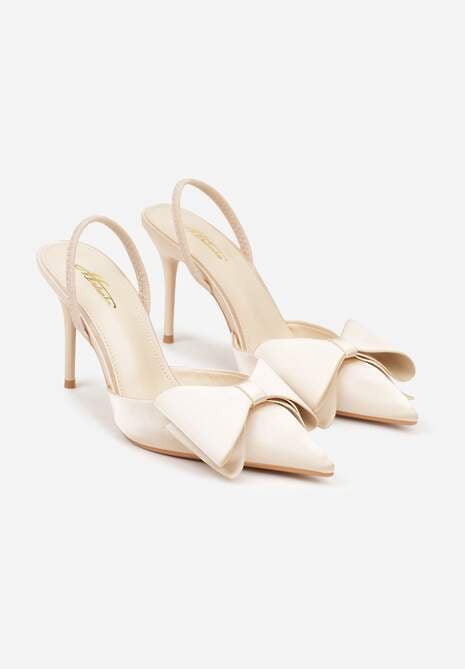 Beżowe Sandały Satynowe na Szpilce Slingback Ozdobione Kokardą Daemoris 5