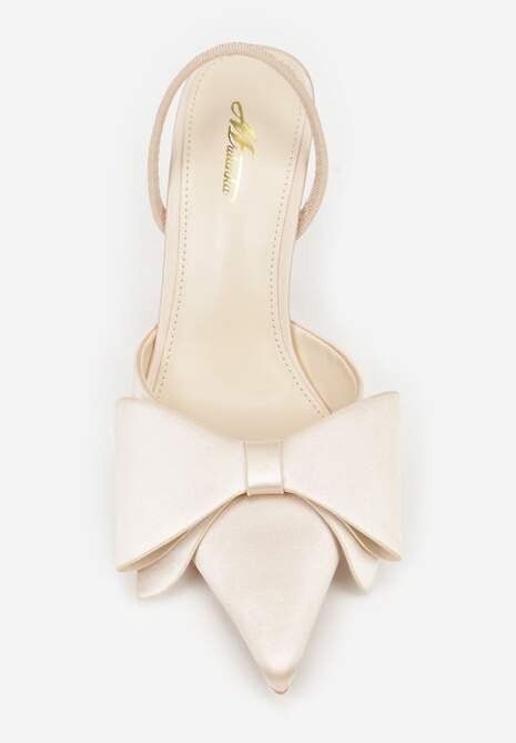 Beżowe Sandały Satynowe na Szpilce Slingback Ozdobione Kokardą Daemoris 6