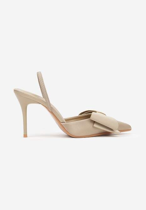 Ciemnobeżowe Sandały Satynowe na Szpilce Slingback Ozdobione Kokardą Daemoris 4