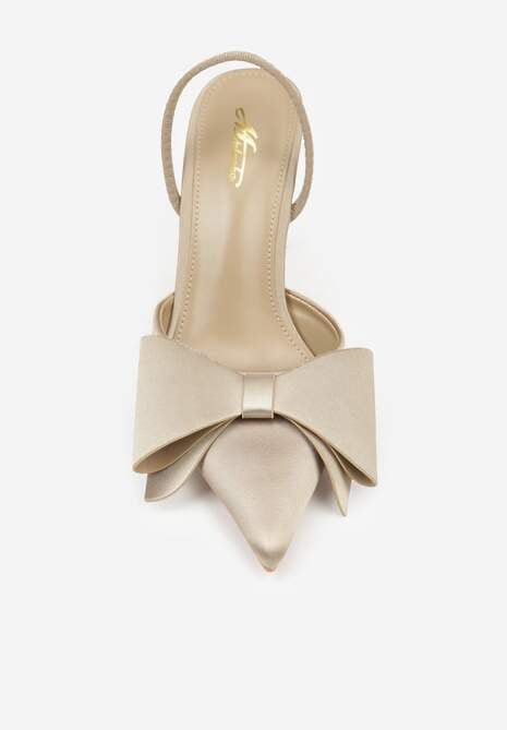 Ciemnobeżowe Sandały Satynowe na Szpilce Slingback Ozdobione Kokardą Daemoris 6