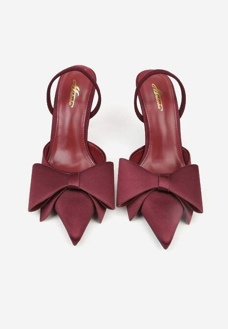 Bordowe Sandały Satynowe na Szpilce Slingback Ozdobione Kokardą Daemoris 6